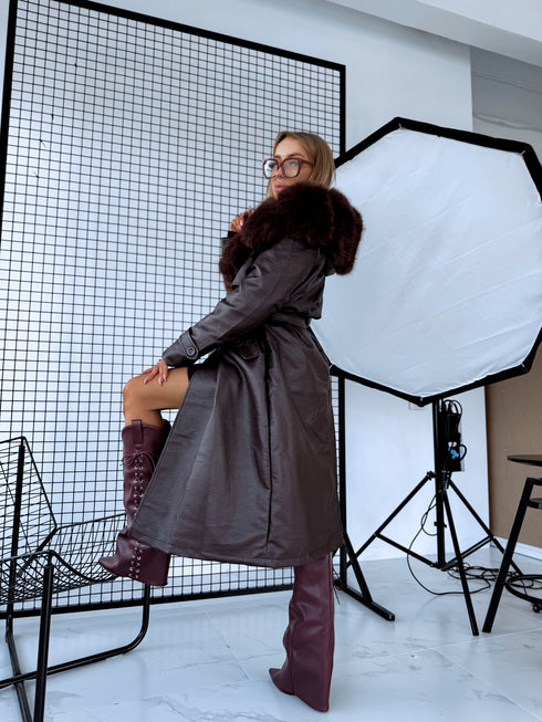 "PUDDING CV2184" Faux Leather Trench – Brown
